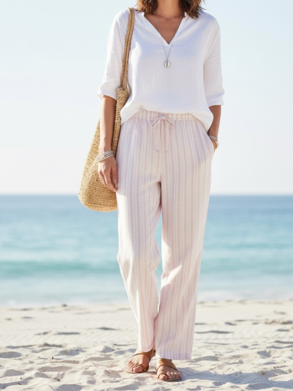 NWT pink and white striped linen pants Lg
